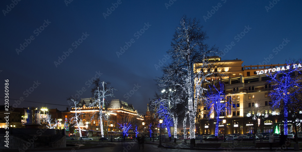 Trees illuminated to Christmas and New Year holidays at night in Moscow, Russia