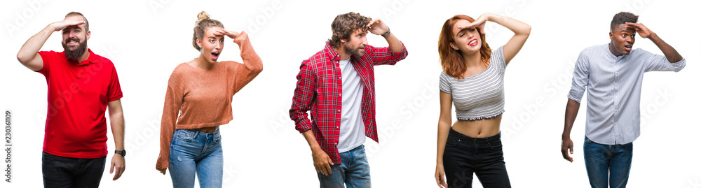 Collage of group of young people over colorful isolated background very happy and smiling looking far away with hand over head. Searching concept. Collage of group of young people over colorful isolated background very happy and smiling looking far away with hand over head. Searching concept.