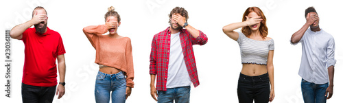 Collage of group of young people over colorful isolated background smiling and laughing with hand on face covering eyes for surprise. Blind concept.