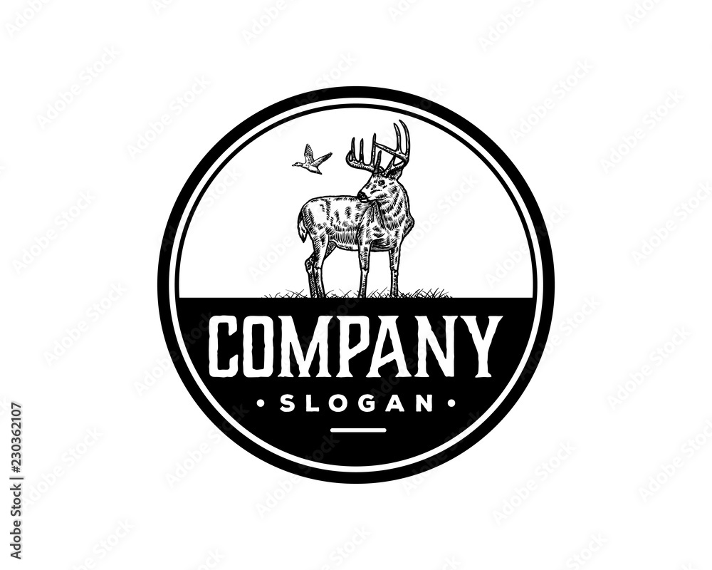 Fototapeta premium Hand Drawing Vector Deer with Flying Duck Animal Wild Sign Symbol Vintage Company Circle Logo Template Design Inspiration