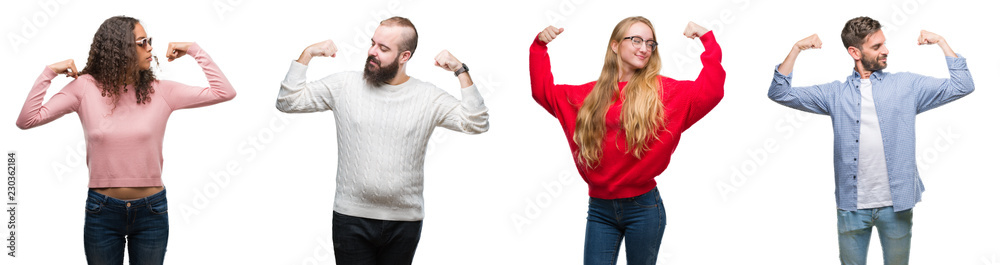 Collage of group of young people over white isolated background showing arms muscles smiling proud. Fitness concept. Collage of group of young people over white isolated background showing arms muscles smiling proud. Fitness concept.