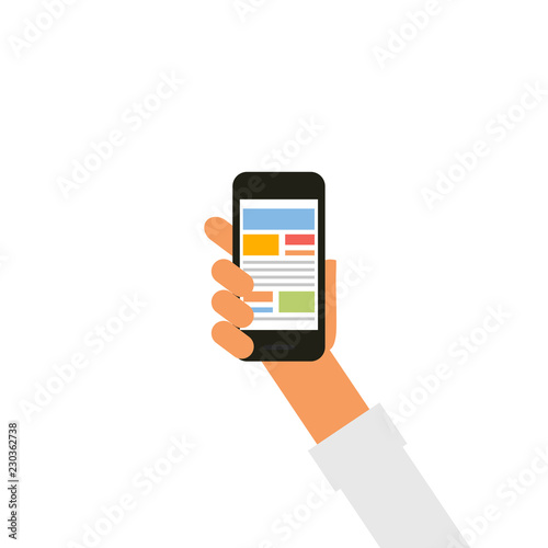 Vector hand holding smartphone. Man hand with smartphone. Vecto