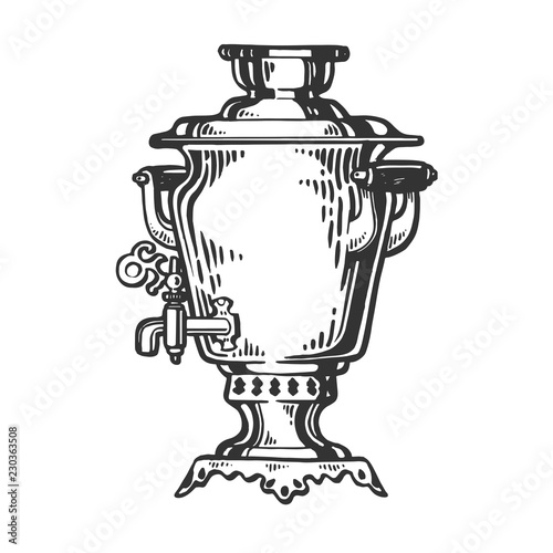 Samovar russian water tea boiler engraving vector illustration. Scratch board style imitation. Hand drawn image.