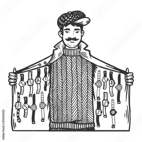 Man secretly sells watches from jacket flap engraving vector illustration. Scratch board style imitation. Black and white hand drawn image.