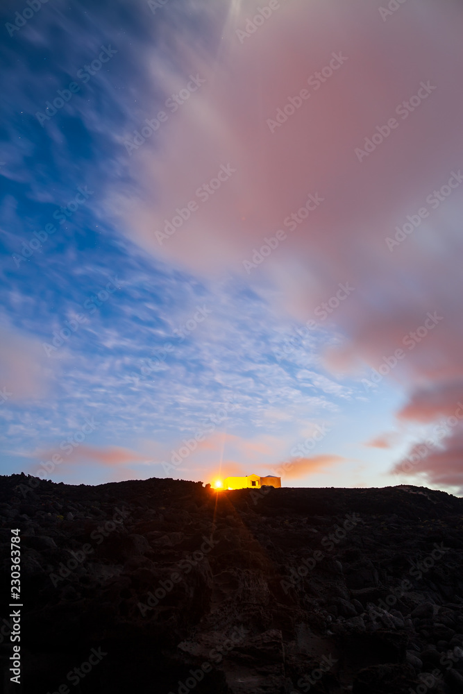 Lonely house on beautiful sunset, Lanzarote island