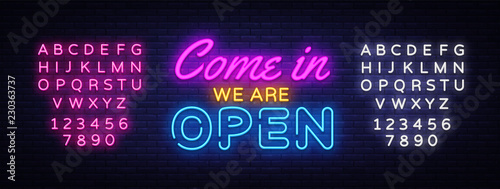 Come in we are Open neon sign vector design template. Open Shop neon text, light banner design element colorful modern design trend, night bright advertising. Vector. Editing text neon sign