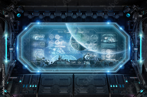 Fototapeta Naklejka Na Ścianę i Meble -  Dark spaceship interior with control panel digital screens 3D rendering