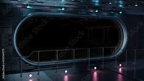 Fototapeta Naklejka Na Ścianę i Meble -  Black tech spaceship round window interior background 3D rendering