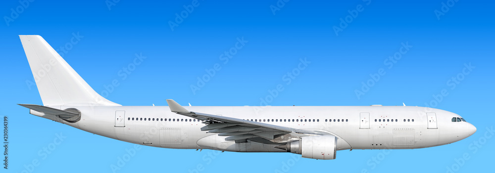 Large heavy modern wide body passenger twin jet engine airplane flying side panoramic detailed close up exterior view reference isolated on blue sky background air travel transportation theme