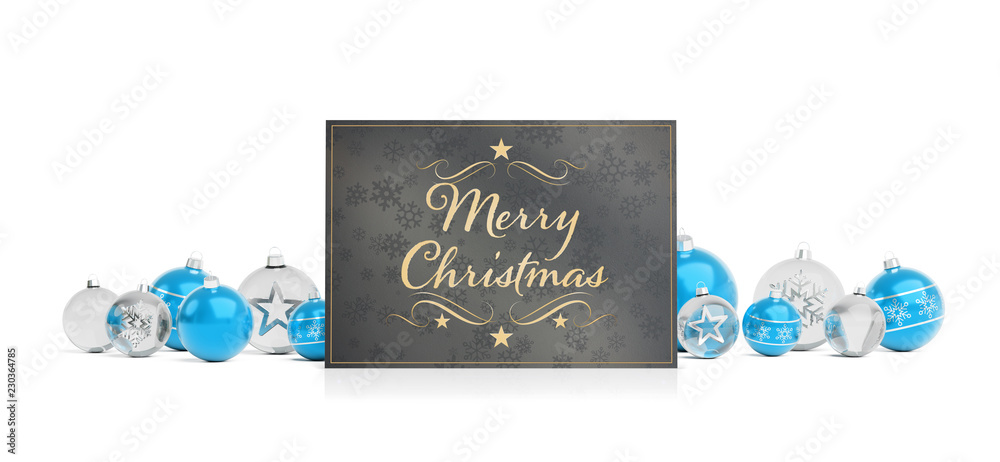Naklejka premium Christmas card greetings laying on isolated blue white baubles 3D rendering