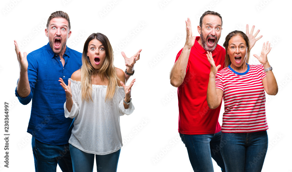 Collage of young and mature couple in love over isolated background celebrating crazy and amazed for success with arms raised and open eyes screaming excited. Winner concept Collage of young and mature couple in love over isolated background celebrating crazy and amazed for success with arms raised and open eyes screaming excited. Winner concept