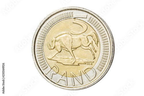 South African 5 rand coin introduced in 2004 closeup with symbol of wildebeest of South Africa. Isolated on white studio background.