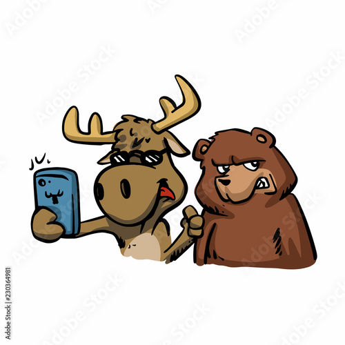 Moose and bear  taking selfie cute cartoon vector illustration 