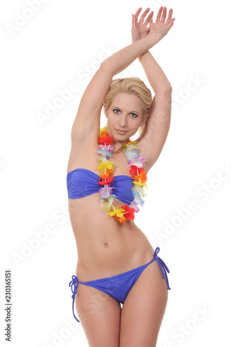 young pretty blonde in a blue bathing suit