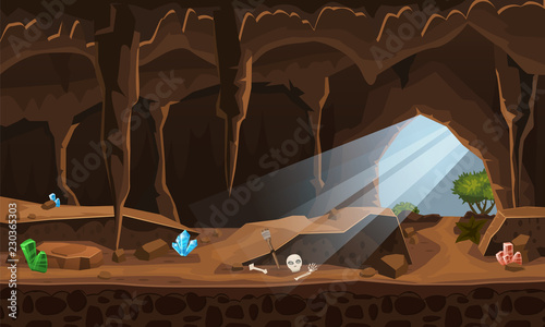 Treasure cave with crystals. Concept, art for computer game. Background image to use games, apps, banners, graphics. Vector cartoon illustration