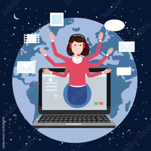 Concept online assistant, customer and operator, call centre, online global technical support 24-7. Earth background. Vector illustration female hotline operator advises client, virtual help service.