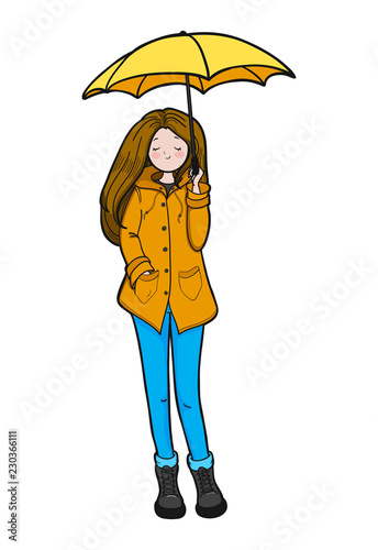 Young woman in a yellow slicker is enjoying weather. Vector illustration.