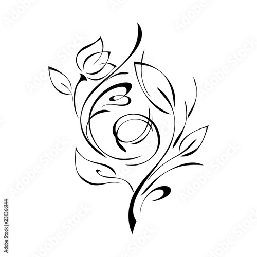 one stylized flower on a stem with a leaf in black lines on a white background