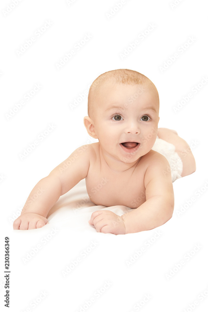 New baby infant. Happy small kid. Health portrait. Toddler relax. Diaper child. Isolated white background New baby infant. Happy small kid. Health portrait. Toddler relax. Diaper child. Isolated white background
