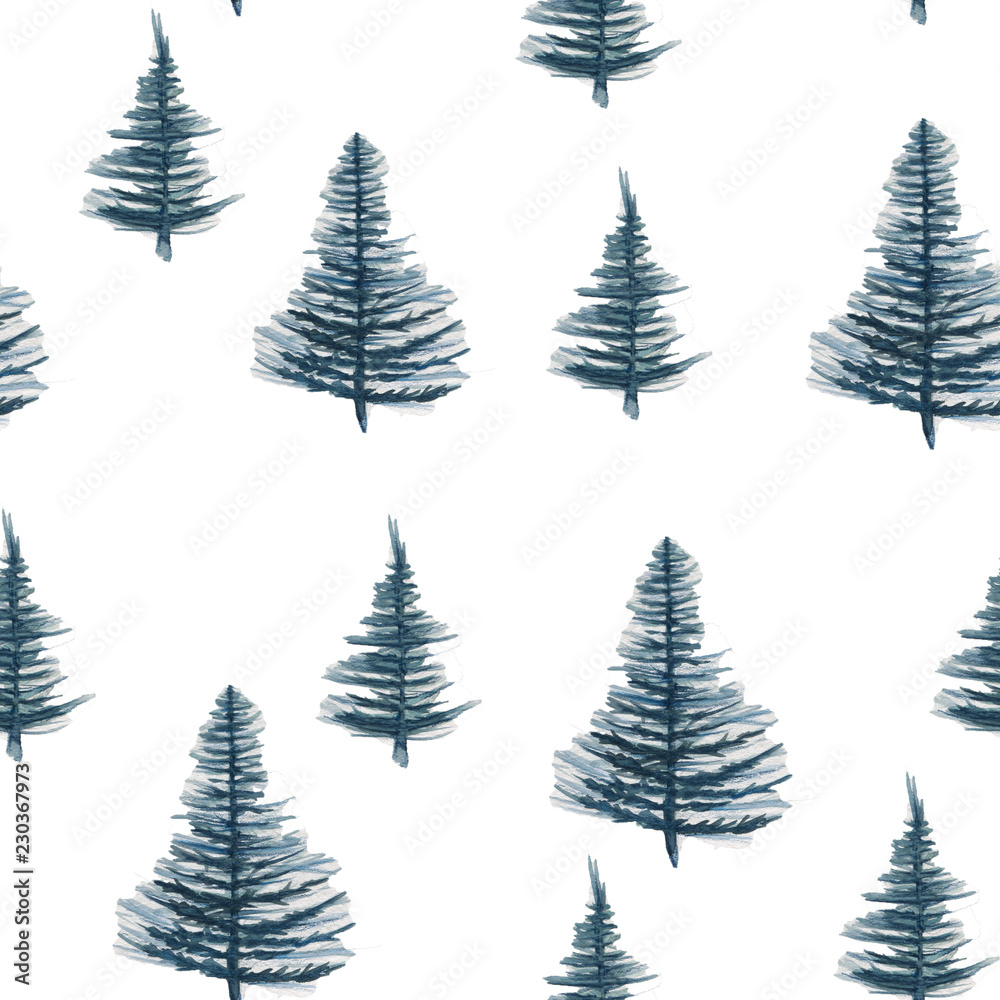 Seamless pattern. Christmas mood. Hand drawn water color illustration. Blue spruces on the white background.
