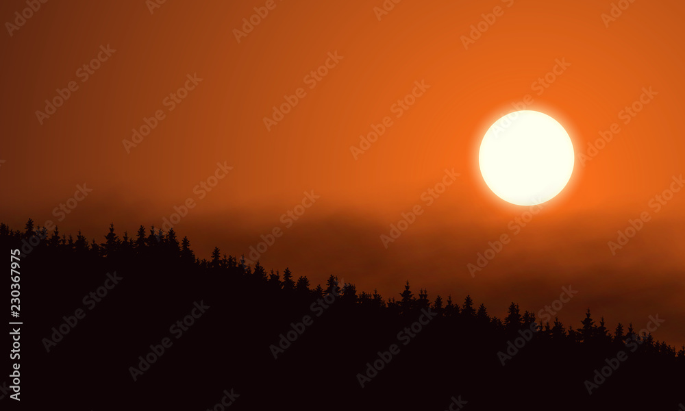 Realistic illustration of mountain landscape with coniferous forest under morning or evening orange sky with dark clouds and rising or setting sun - vector