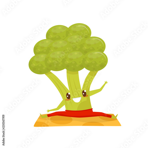 Funny broccoli doing yoga exercise on a mat, sportive vegetable cartoon character vector Illustration on a white background
