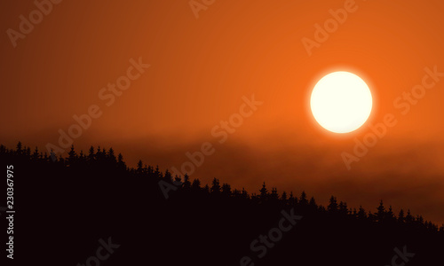Realistic illustration of mountain landscape with coniferous forest under morning or evening orange sky with dark clouds and rising or setting sun - vector