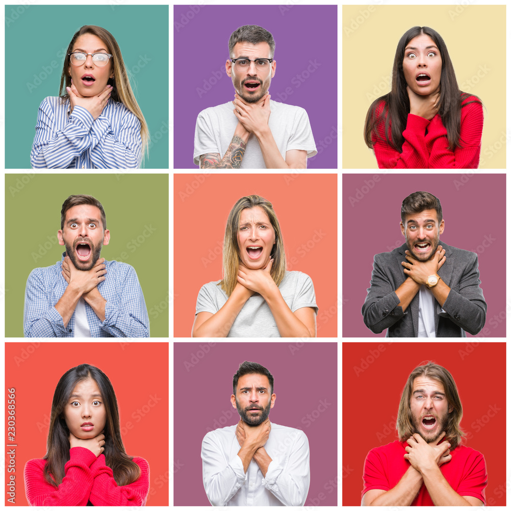 Collage of group people, women and men over colorful isolated background shouting and suffocate because painful strangle. Health problem. Asphyxiate and suicide concept.
