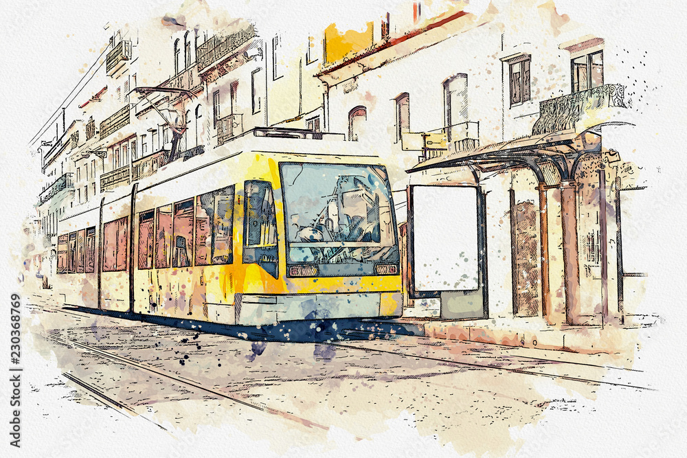 Sketch with watercolor or illustration of a traditional tram moving down the street in Lisbon in Portugal.