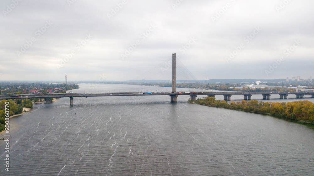 Aerial view of the bridge across the Dnieper River in Kiev