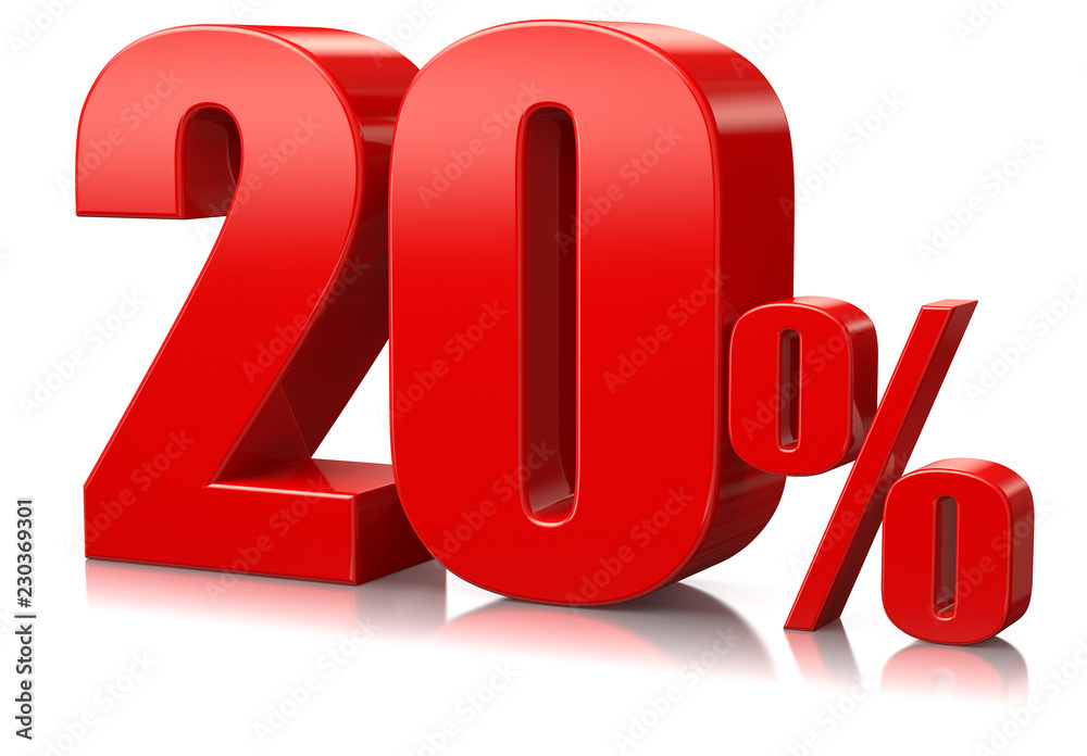 Red twenty percent on white reflective background. 3d rendering. Illustration for advertising. Red twenty percent on white reflective background. 3d rendering. Illustration for advertising.