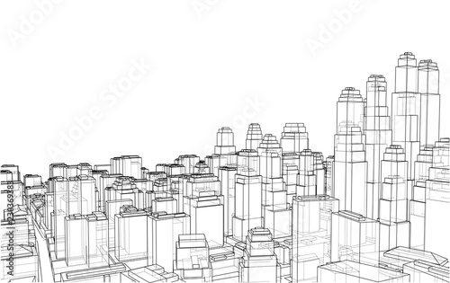 Wire-frame City  Blueprint Style. Vector