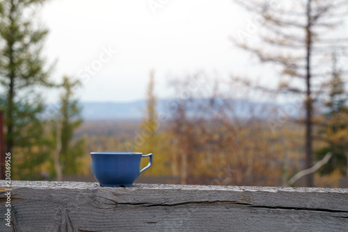 cup on a background of mountains and trees