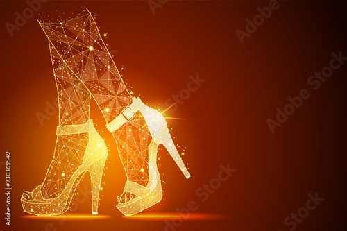 Low poly illustration of the women's legs in shoes, high heels a golden dust effect. Polygonal wireframe from dots and lines.