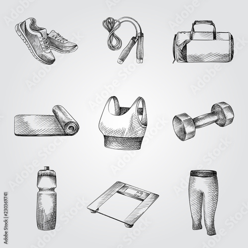 Hand Drawn Fitness and GYM equipment Sketches Set. Collection Of shoes, Jump rope, Dumbbell, water bottle, top, Yoga Mat, Scales, Sports bag sketches on white background.