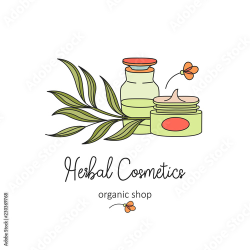Herbal cosmetics, natural oil. Vector hand drawn illustration for natural eco cosmetics store.