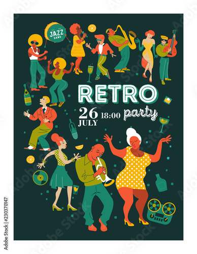 Poster music festival, retro party in the style of the 70's, 80's. A large set of characters, musicians, dancers and singers. Vector illustration.