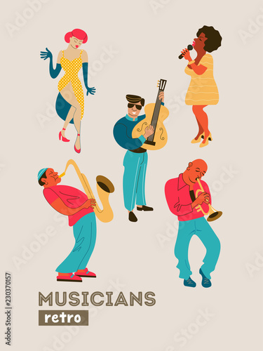 Poster music festival  retro party in the style of the 70 s  80 s. A large set of characters  musicians  dancers and singers. Vector illustration.