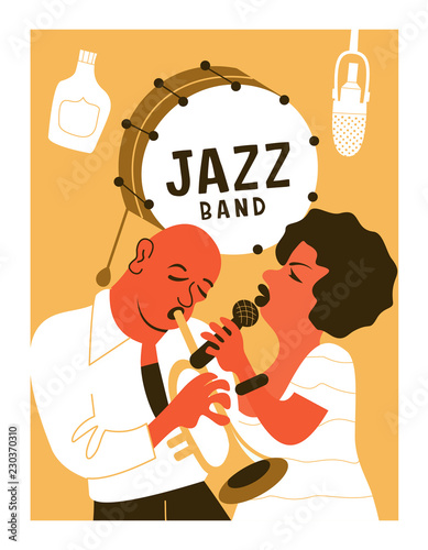 Poster music festival, retro party in the style of the 70's, 80's. Jazz party. Afro musician plays the trumpet. Afro woman singing. Vector illustration.