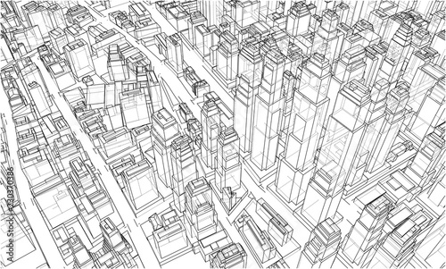 Wire-frame City, Blueprint Style. Vector