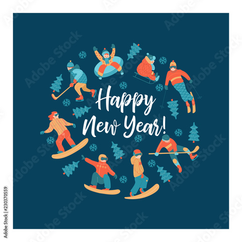 happy New Year. Winter sports and fun activities in the snow. People skiing, skating, sledding, snowboarding. A set of characters oriented in a circle. Vector illustration. © katedemian