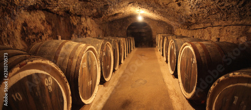 Old oak barrels in an ancient wine cellar