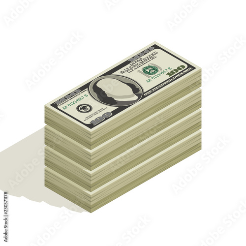 Bundle of hundred-dollar bill, stacks of banknotes, pile of cash, paper money. The concept of financial success and wealth. Isometric vector illustration isolated on white background