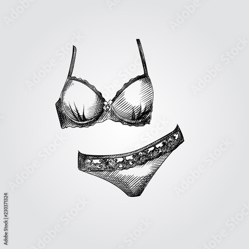 Hand Drawn Women's Underwear set Sketch Symbol isolated on white background. Vector lacy panties and bra In Trendy Style. Woman's underwear hand drawing sketches elements