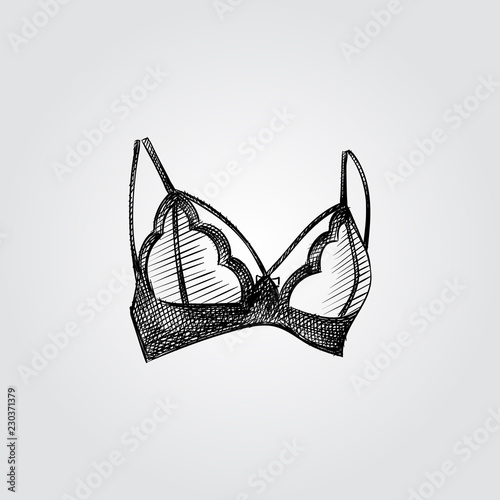 Hand Drawn Women's Bra Sketch Symbol isolated on white background. Vector lacy bra In Trendy Style. Woman's underwear hand drawing sketches elements