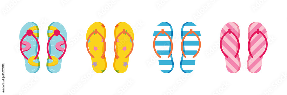 Set, collection of cute colorful flip flops with different ornaments, patterns for summer design.
Set, collection of cute colorful flip flops with different ornaments, patterns for summer design.