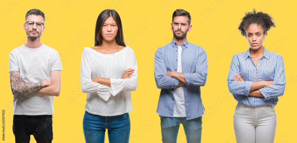 Collage of group people, women and men over colorful yellow isolated background skeptic and nervous, disapproving expression on face with crossed arms. Negative person.