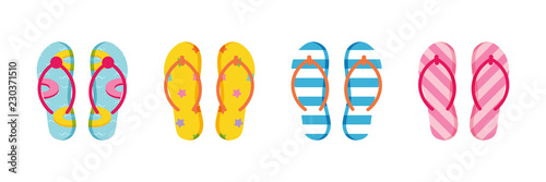 Set, collection of cute colorful flip flops with different ornaments, patterns for summer design.
