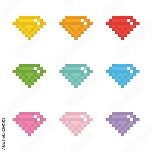 Set, collection of colorful pixel gems, jewels, diamonds isolated on white background. 