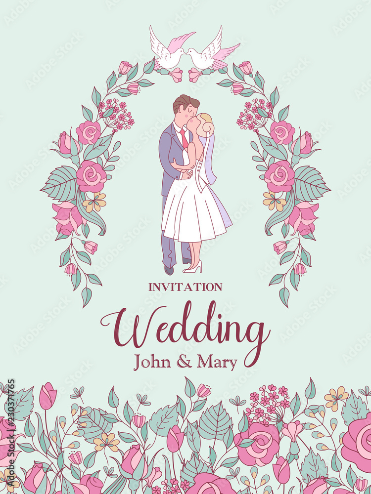 Happy wedding. Wedding vector card, invitation. Bride and groom surrounded by pink flowers. Happy wedding. Wedding vector card, invitation. Bride and groom surrounded by pink flowers.